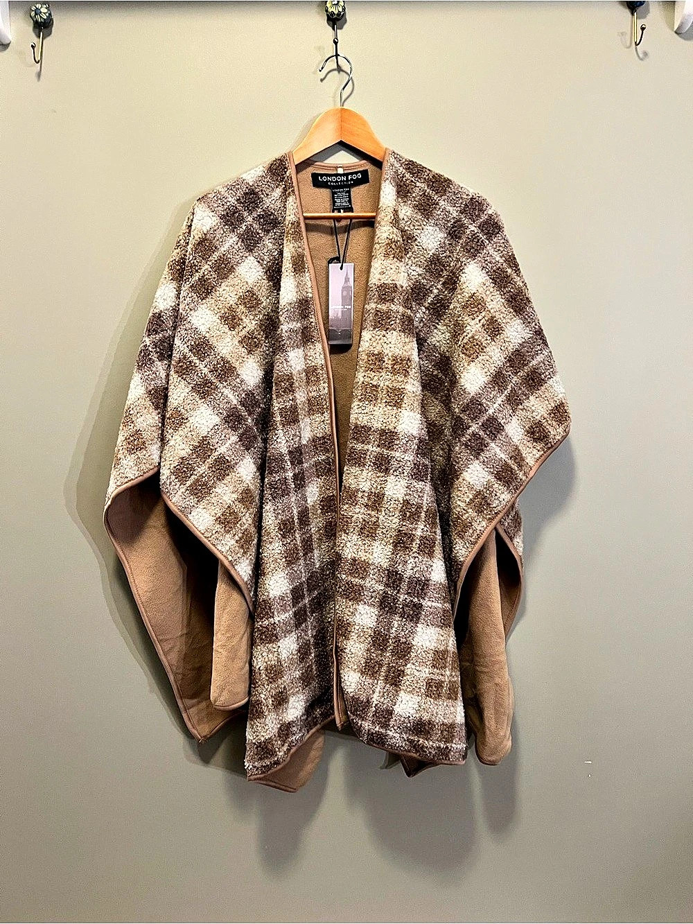London Fog Plaid Sherpa Cape in Brown & Cream NWT